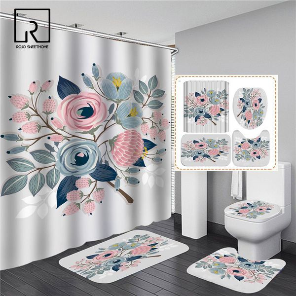 

white pink flowers printed shower cutain set 4 pcs bathroom toilet cover anti-slip pedestal rug lid nordic simple home decor