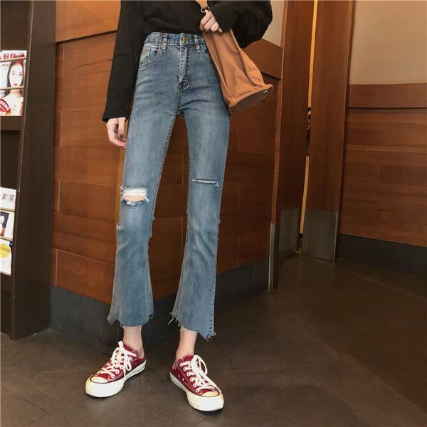 

2021 new high waist breech pants super thin ankle-length in spring and summer jagged edge tearing old micro-korean wash hole ngxh, Blue