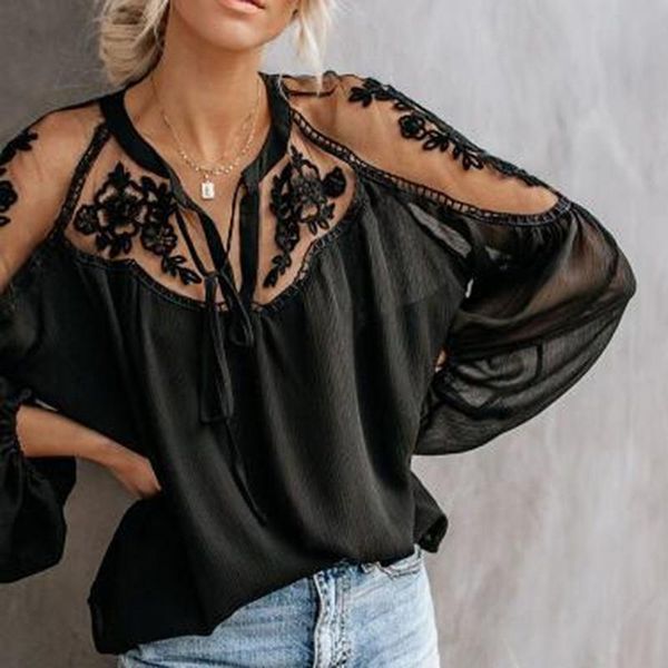 

2021 new ladies see-through lace sheer long bell sleeve button v neck bikini cover ups women shirt blouse, White