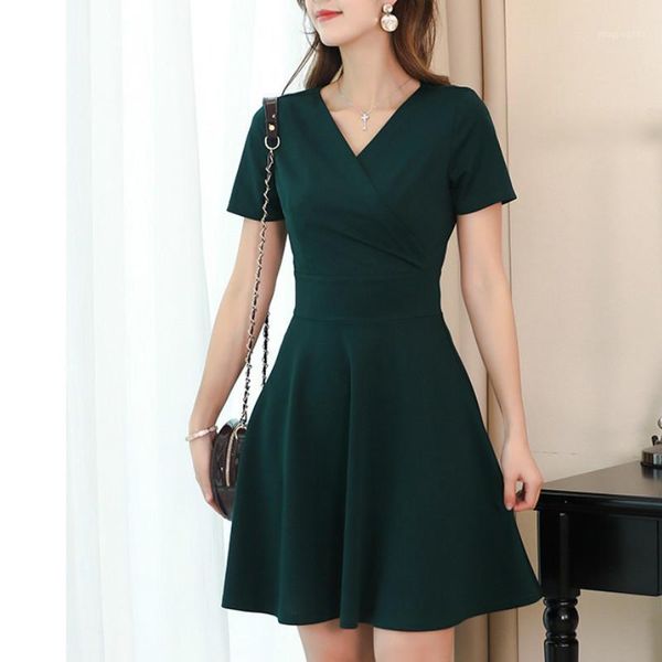

new v neck short sleeve a line dress women fashion green black slim summer dress female office ladies work dresses vestidos1, Black;gray