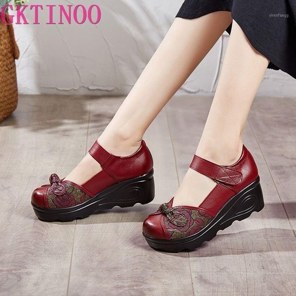 

gktinoo genuine leather women shoes 2020 high heels handmade summer shoes pumps flower platform women wedge1, Black