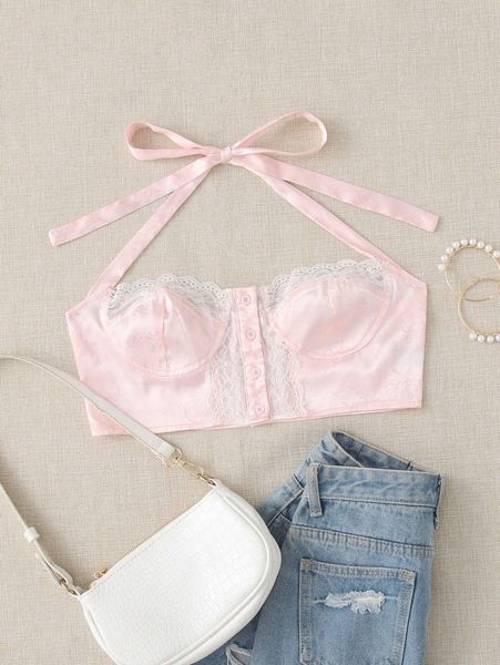 

lace insert satin crop halter l47h#, White