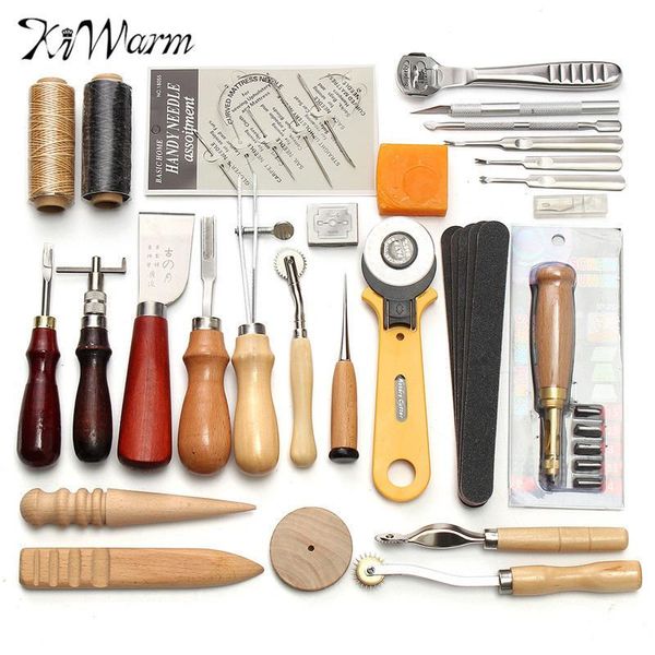 

kiwarm professional 37/61/18pcs leather craft tools kit hand sewing stitching punch carving work saddle leathercraft accessories q1106