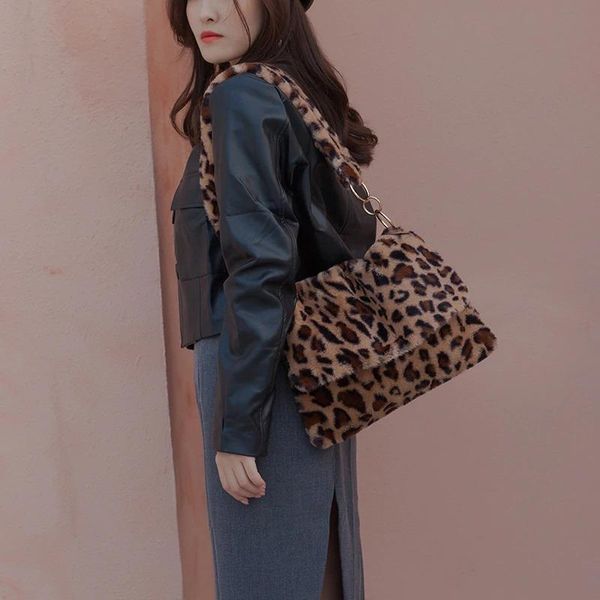 

women winter faux fur shoulder bag new handbag lady leopard print handbag female party small girls tote bag