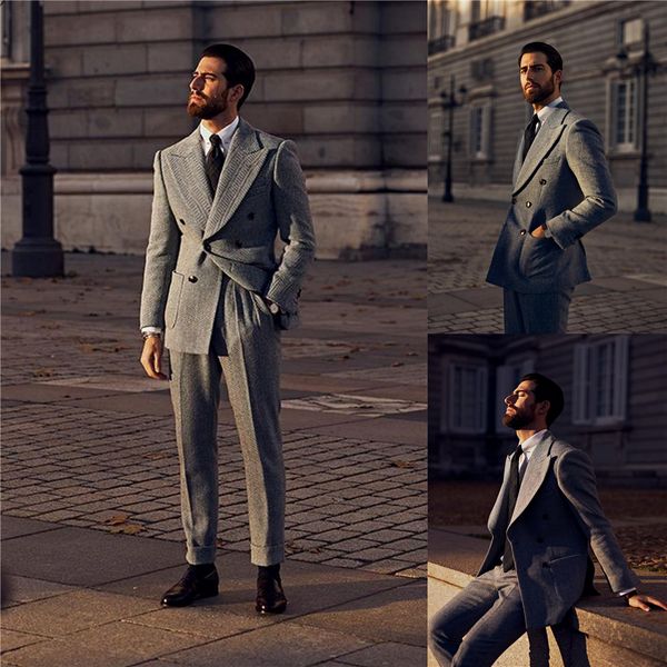

gray woolen men suits for wedding groom tuxedo 2 piece tweed custom made fashion set jacket (jacket+pants), Black;gray
