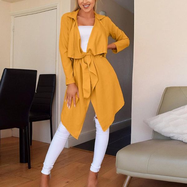 

women's trench coats loose solid irregular hem with lapel autumn casual coat vintage washed cardigan, Tan;black