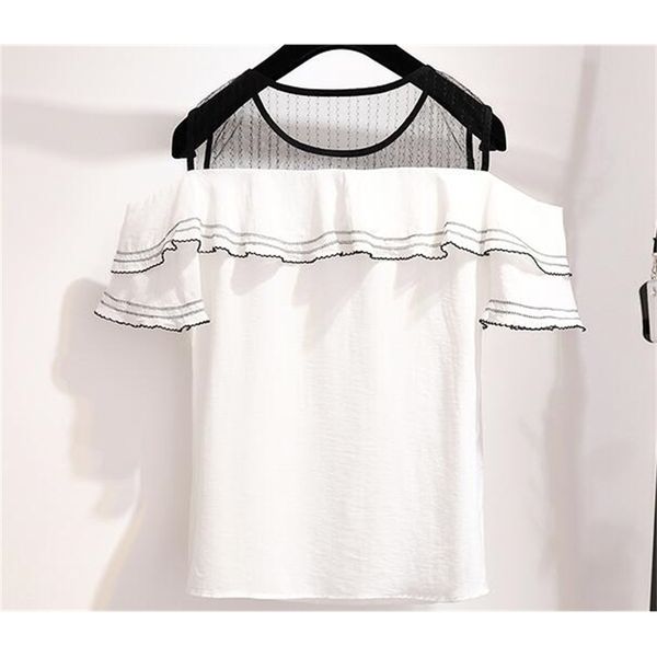 

2021 new summer new chiffon lotus leaf shirt off the shoulder of women sequined sequins t-shirt in transparent mesh i2jz, White