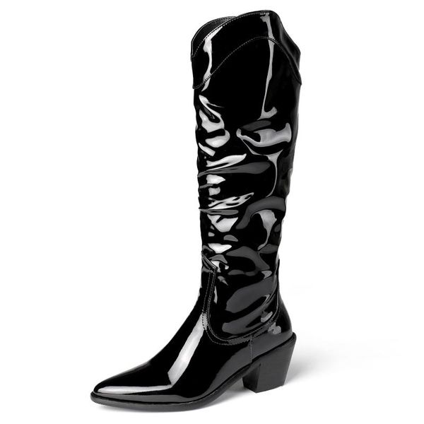 

patent leather pleated autumn and winter women's knee-length boots 2020 bright leather pointed toe thick heel v-mouth boots, Black