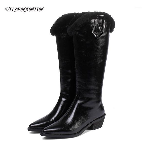 

boots fashion white genuine leather v-pointed western cowboy women thick-heeled knight plus velvet high mid-calf1, Black