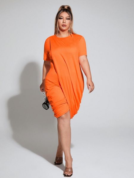 

plus solid tulip hem dress u6gn#, Black