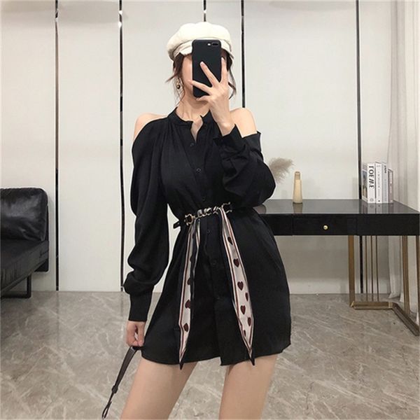 

2021 new korean off-shoulder long-sleeved skirt women autumn short one-piece clothing ladies wedding evening party dress iyz0, Black;gray
