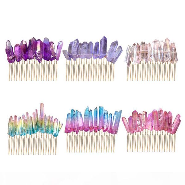 

bridal raw quartz hair comb contrast colored crystal stone wedding tiara clip