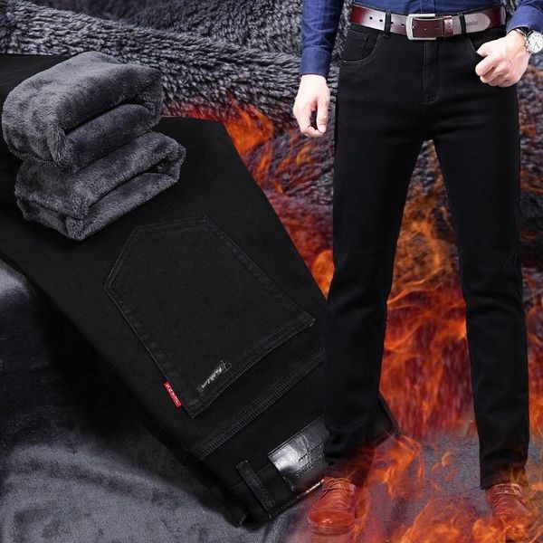 

winter new men's trousers plus velvet thickened cold-proof warmth slim straight black high-elastic mid-waist washed casual jeans, Blue