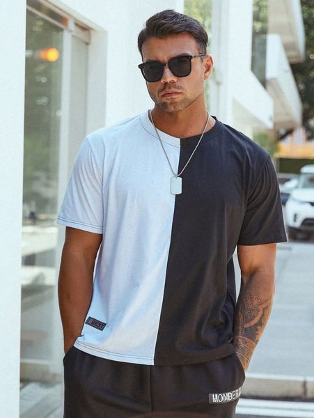 

extended sizes men two tone letter patched detail tee n151#, White;black
