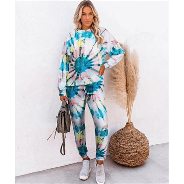 

women tie-dye sports sets fashion trend long sleeve round neck women hooded drawstring pant suits female spring casual loose tracksuits, Gray