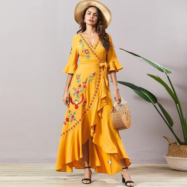 

asymmetry ruffle embroidered long dress bohemia v neck 3/4 sleeve wrap belted split maxi dress yellow summer 2021, Black;gray