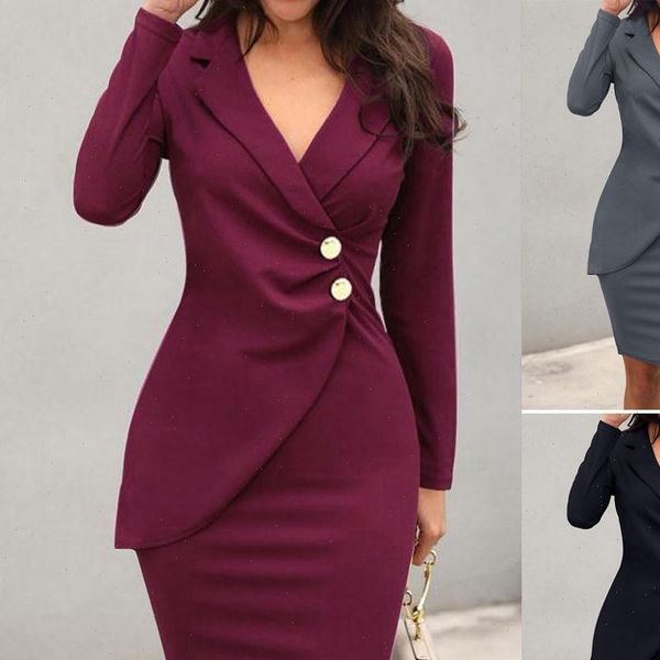 

autumn dress women office lady solid turn down neck long sleeve buttons bodycon work formal dress hip wholesale, Black;gray