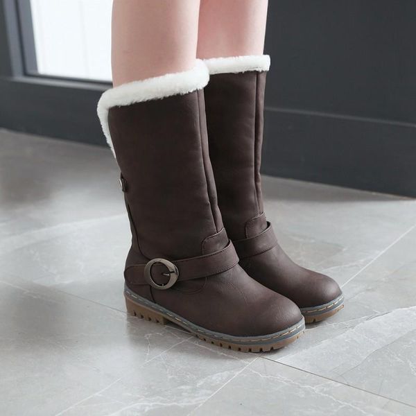 

shoes women plus velvet cotton autumn and winter boots snow boots flat with solid color british belt buckle round toe thick boot, Black