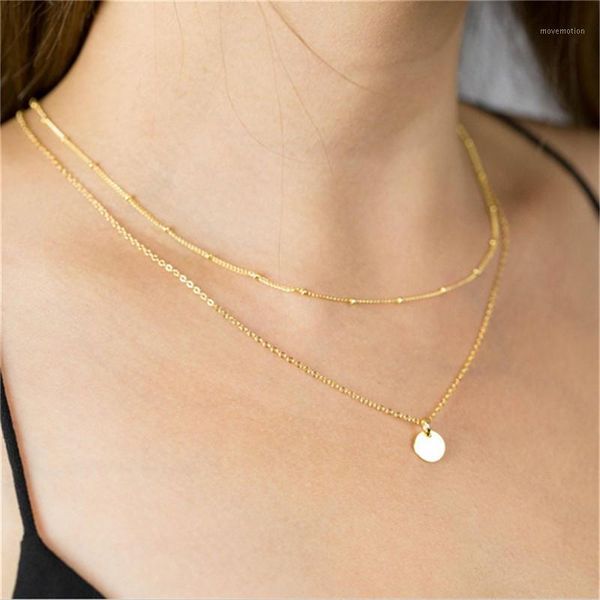 

necklace women double layer chains ball beads chain necklaces fashion jewelry round blank disc pendant choker necklace femme1, Golden;silver