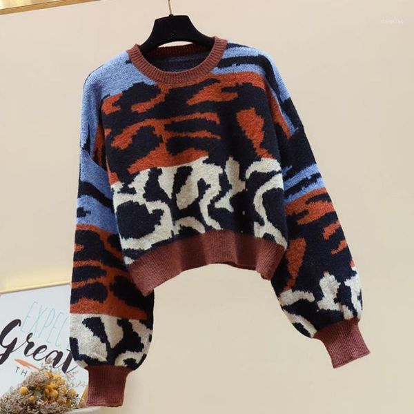 

winter new sweater women korean fashion leopard print knitted sweater women loose pullover short cashmere sweaters coat1, White;black