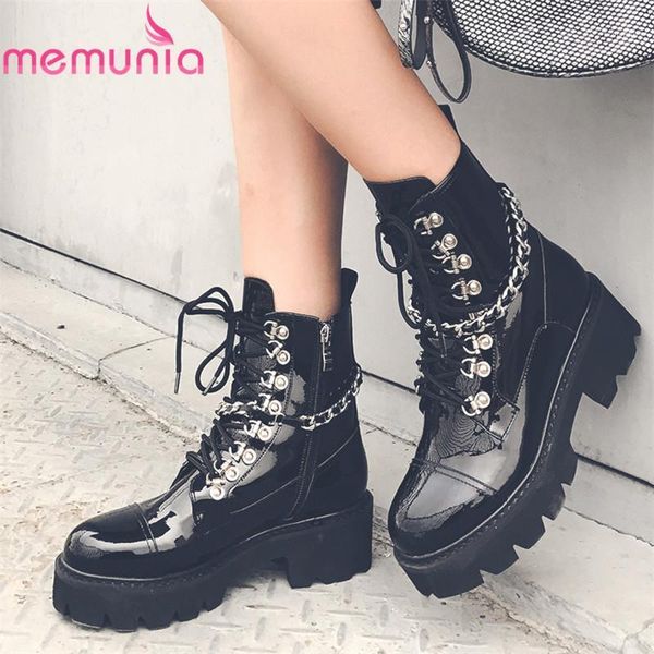 

boots memunia 2021 arrival patent genuine leather women square heels ankle platform shoes punk woman motorcycle1, Black