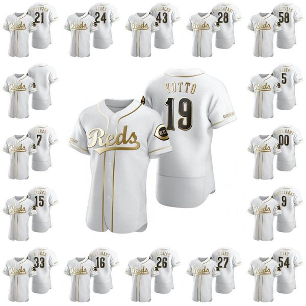 

cincinnati reds men #5 johnny bench 7 eugenio suarez 27 trevor bauer 19 joey votto custom women youth authentic golden edition jersey, Blue;black
