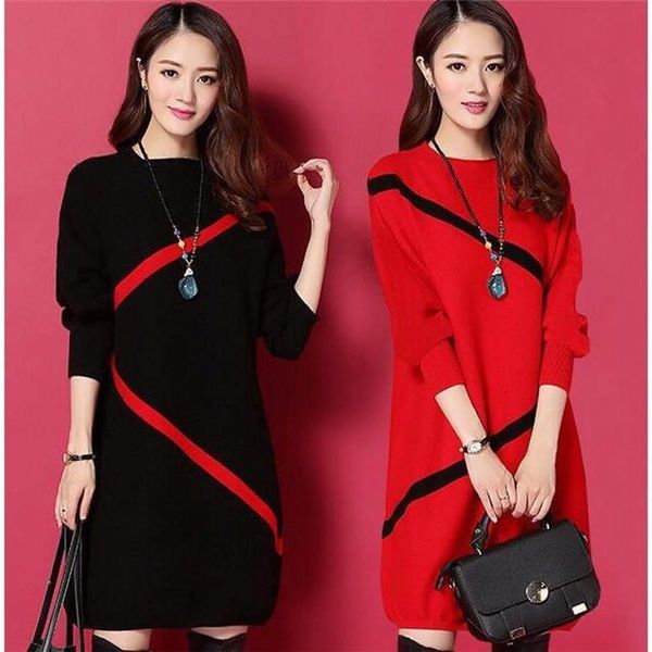 

осень и зима новая корейского длинного рукава женщин платья мода платье прямой случайная свободная юбки больших толстая мм универсальной пря, Black;gray