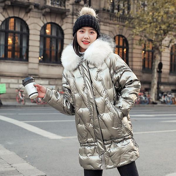 

winter jacket women hooded parkas large fur collar jacket glossy thick woman coats and jackets large size women jackets outwear1, Black