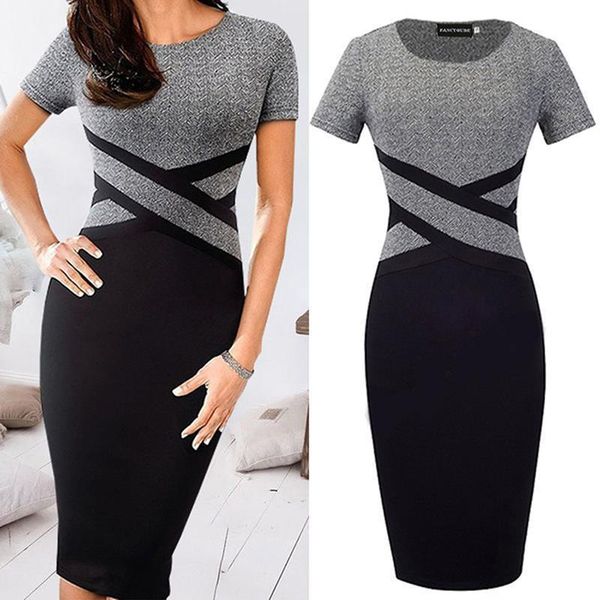 

slim party dress women short sleeve o-neck midi dress summer vestidos black grey patchwork striped bodycon dress, Black;gray