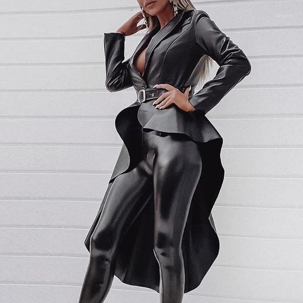 

women long faux leather jackets coats slim belt motorcycle pu leather long jacket coat trench1, Black