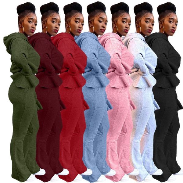 

women casual fashion pants and flare long sleeve solid 2 piece set