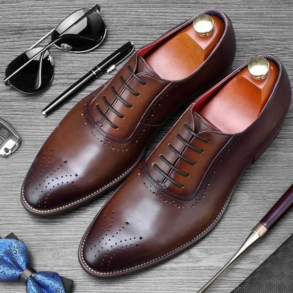 

man formal dress wedding shoes genuine leather carved brogue oxfords breathable men's round toe medallion flats ss4531, Black
