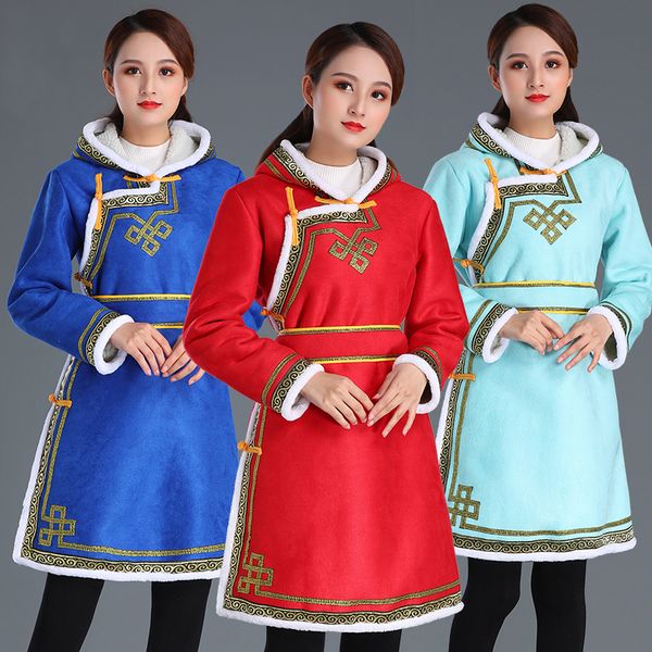 Roupa étnica estilo Quente revestimento do inverno Mulher com capuz casaco faux camurça fleece robe vestido mongolian outwear ásia couro