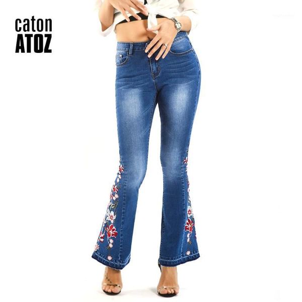 

catonatoz 2226 women`s fashion mid high waist jeans embroidery stretchy flare jeans for woman1, Blue