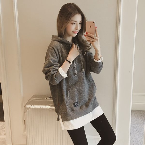 

04ctl fake new hooded autumn two-piece sweater women's korean pulloverpullover pulloverstyle loose mid-length pullover for women psem, Black