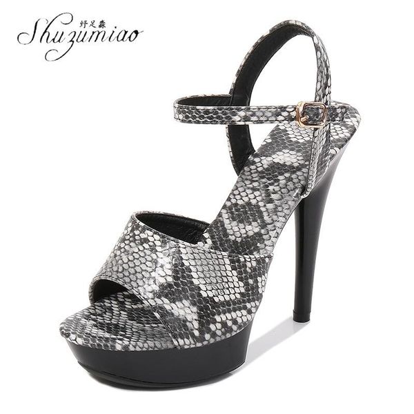 

sandals shuzumiao fashion multicolor snake print super high heels women platform peep toes buckle strap nightclub shoes, Black