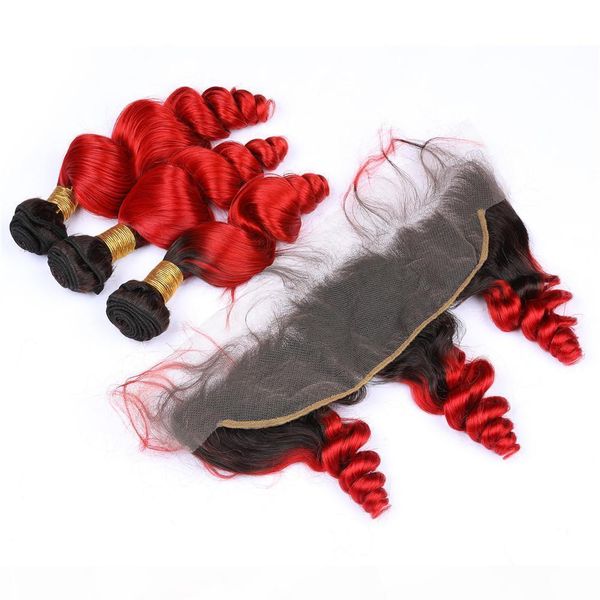 

loose wave #1b red ombre 3bundles virgin indian human hair weaves with frontal red ombre wavy hair wefts with 13x4 lace frontal closure, Black;brown