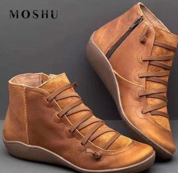 

winter boots women ankle boots lace up leather shoes cross strappy vintage women punk flat shoes botas mujer invierno 2020 #2q2l, Black