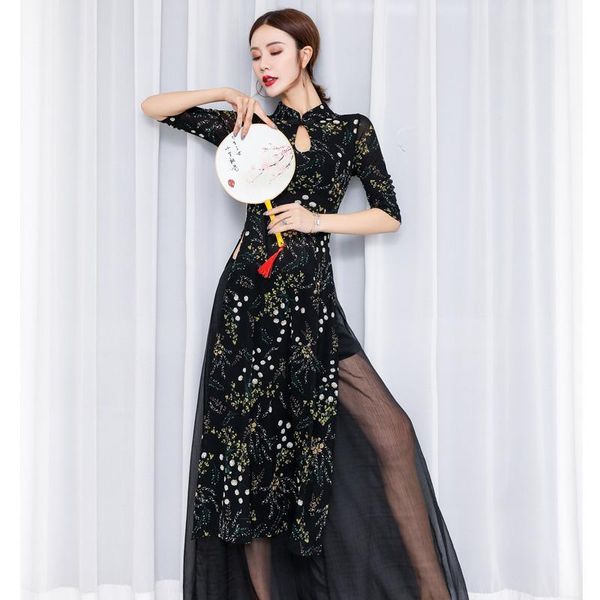 

mesh belly dance dress for women chinese style classical dance costume practice wear stage costume lyrical qipao jl16931, Black;red