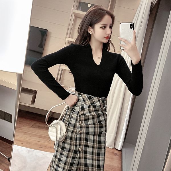 

v-neck base shirt women's fall/winter high waist hip-covered skirtshirt plaid skirt plaid skirt bkfvq, White;black