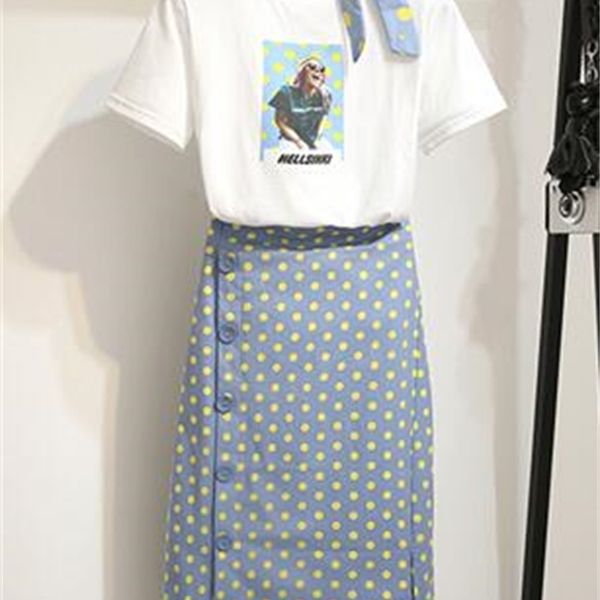 

2021 new summer women polka dot print 2 clothes joint character tiles standard arc tshirt -button split mid calf get terno 4vm1, Gray