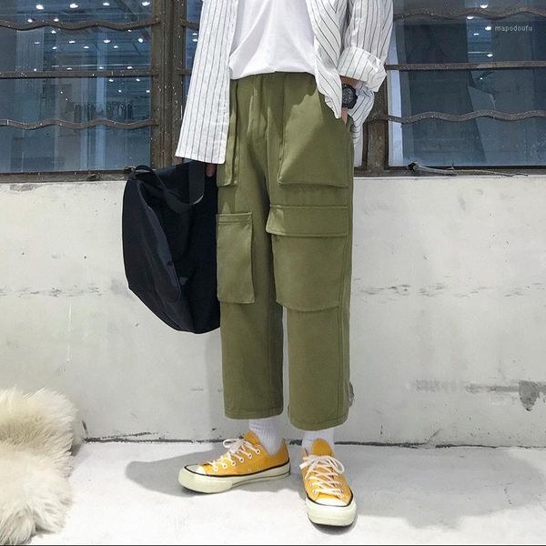 

spring new tooling wind pants men fashion solid color casual straight trousers man streetwear trend wild hip hop loose overalls1, Black