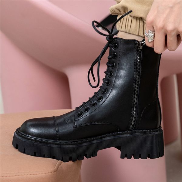 

genuine leather cross tied women shoes letters sewing black platform boots zipper brand designed motorcycle botas casual shoes