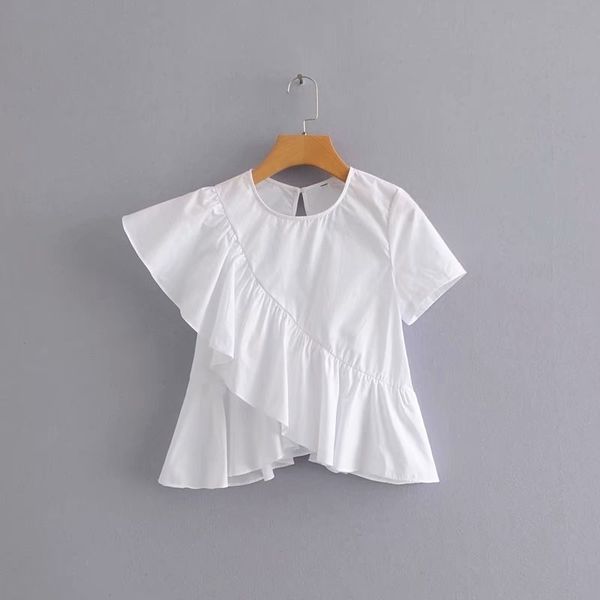 

women korean sweet solid color ruffles casual irregular blouse shirts women short sleeve blusas summer white ls3883 y200622