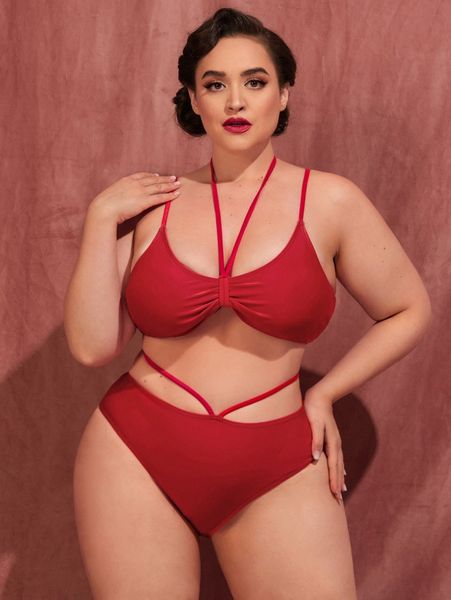 

plus cut-out halter bikini swimsuit w4xp#, Black