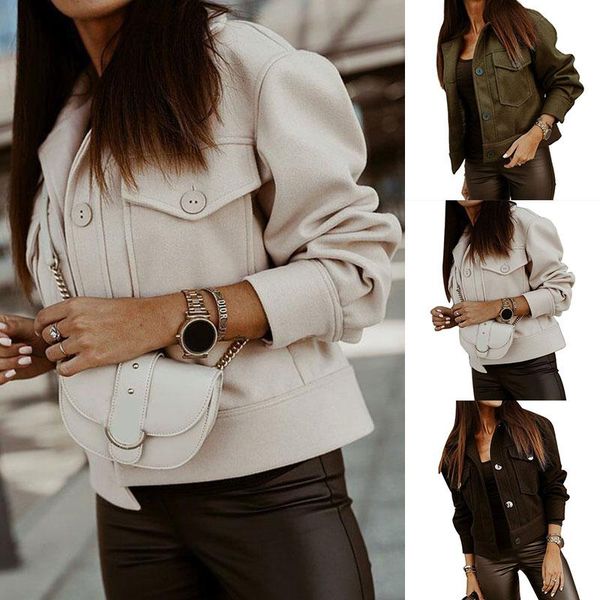 

women's wool & blends winter single-breasted solid jacket long sleeve short woolen coat warm outwear fashion polyester thick women poac, Black