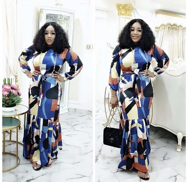 

summer 2021 elegent african women o-neck long sleeve printing plus size long dress, Red