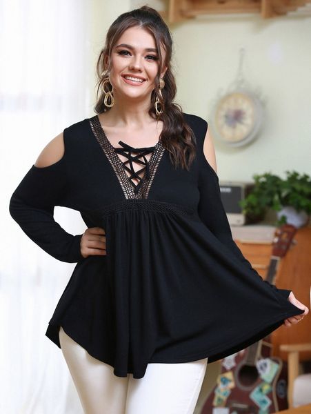 

plus solid cold shoulder lace up tee l7h7#, Black
