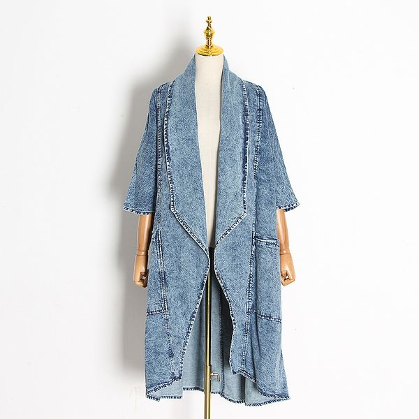 

[ewq] female clothing overcoats tide vintage denim women windbreaker lapel collar half sleeve high waist trench coats blue 201015, Tan;black