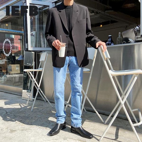 

iefb korean trendy autumn winter casual blazer men's loose handsome suit coat single breasted long sleeve basic clothes 9y4506, White;black